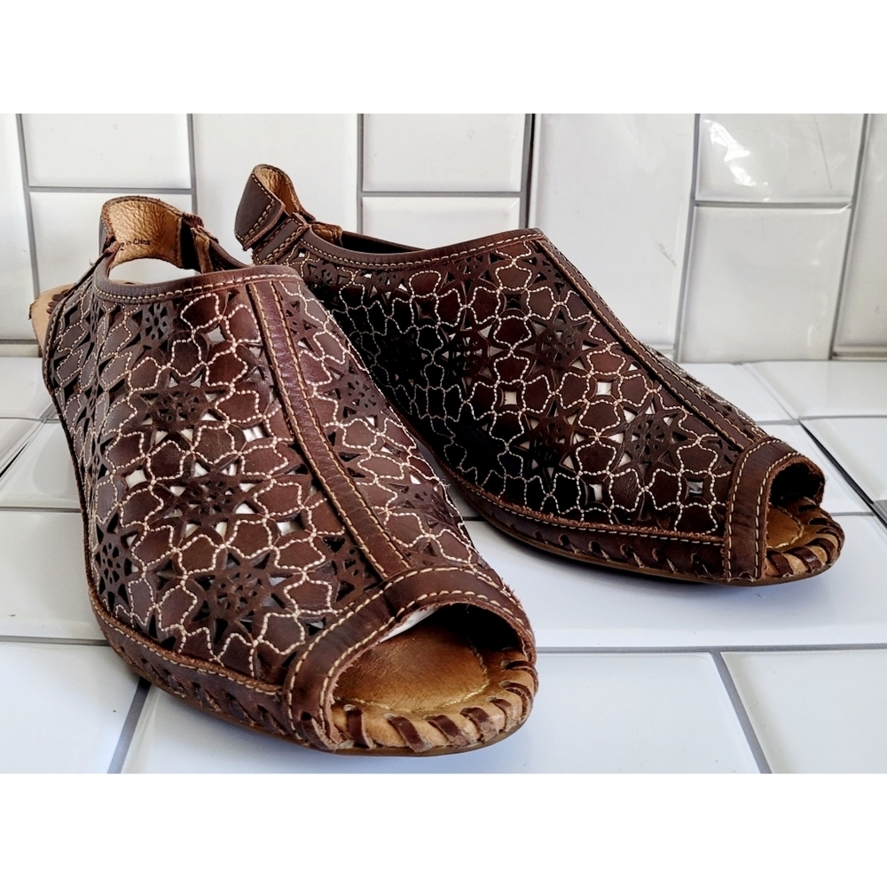 PIKOLINOS Dark Brown Punched Leather Slingback Wedge Sandal Open Toe